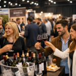 Personas degustando vino en una feria gastronómica en Buenos Aires con stands de bodegas y ambiente de networking empresarial