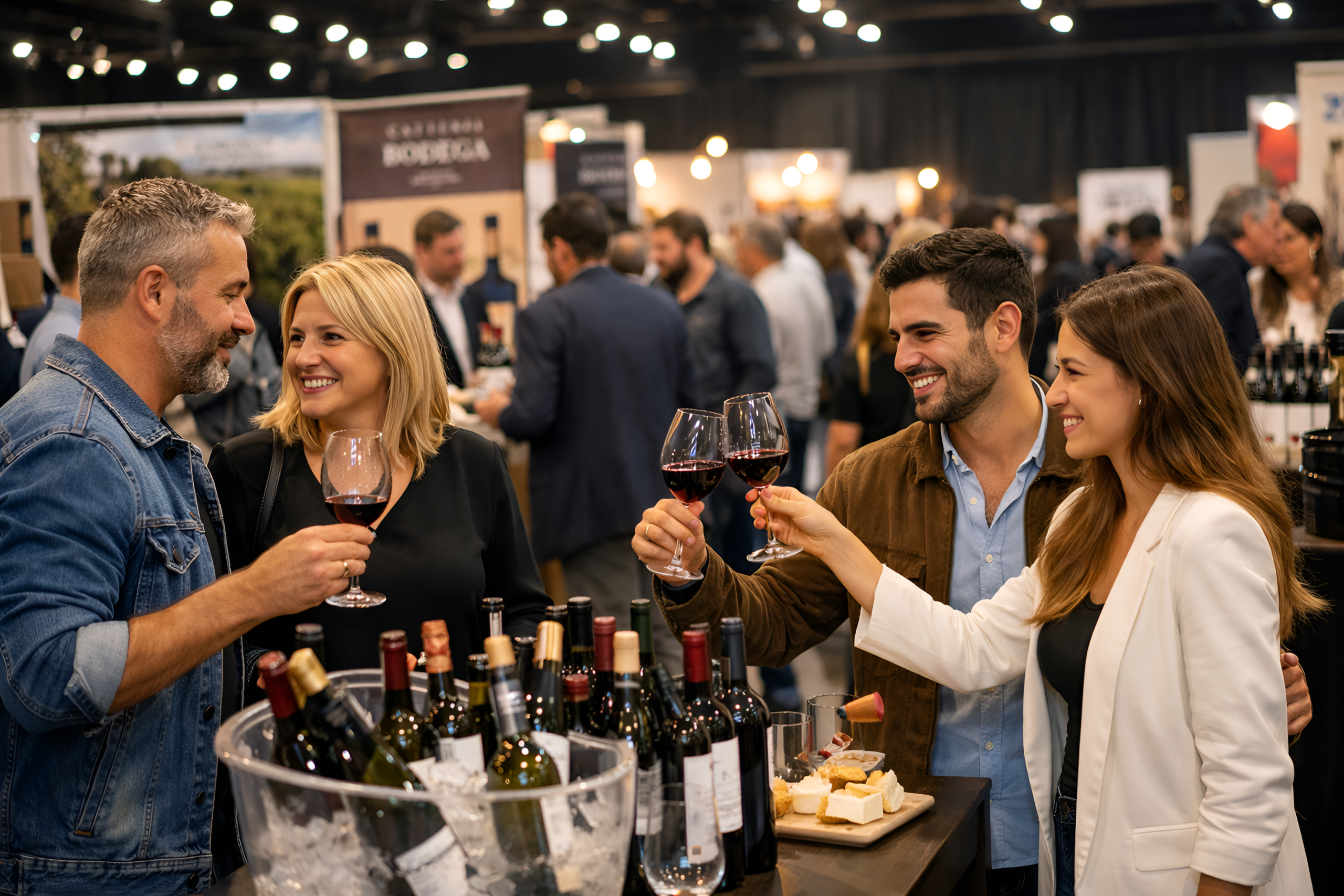 Personas degustando vino en una feria gastronómica en Buenos Aires con stands de bodegas y ambiente de networking empresarial