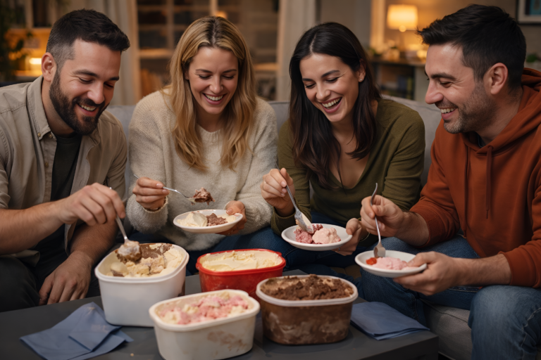 Grupo de amigos compartiendo distintos sabores de helado en una reunión en casa durante la noche