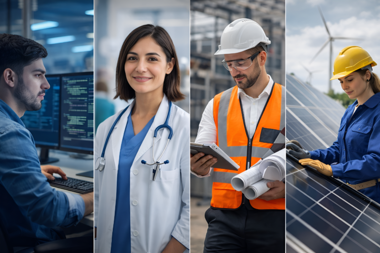 Profesionales de tecnología salud ingeniería y energías renovables representando carreras con alta demanda laboral en Argentina