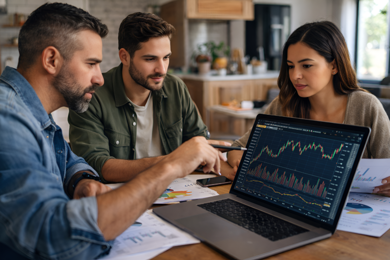 Tres adultos argentinos analizando gráficos financieros en una notebook sobre una mesa con informes impresos en un ambiente moderno y profesional