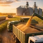Cosecha de granos en Argentina con camiones y silos durante la carga de soja, reflejando el aumento de la liquidación de divisas del complejo oleaginoso-cerealero