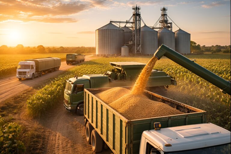Cosecha de granos en Argentina con camiones y silos durante la carga de soja, reflejando el aumento de la liquidación de divisas del complejo oleaginoso-cerealero