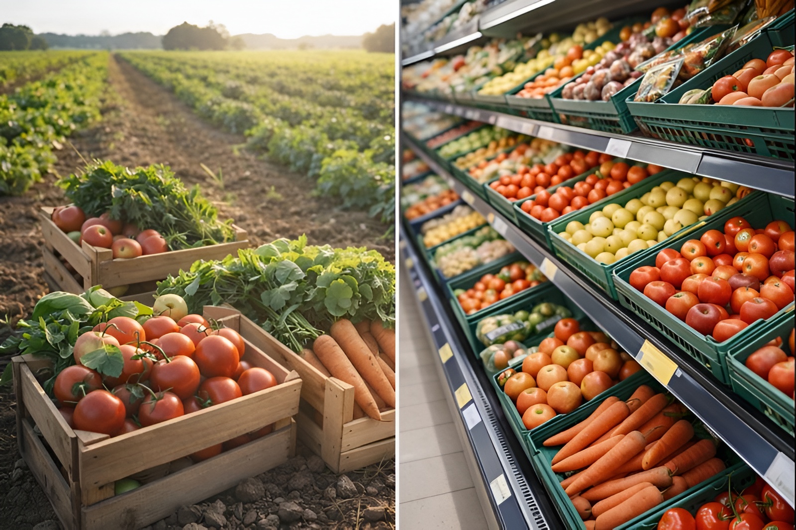 Contraste entre producción agrícola en el campo y góndola de supermercado con frutas y verduras, ilustrando la brecha de precios entre productor y consumidor en Argentina