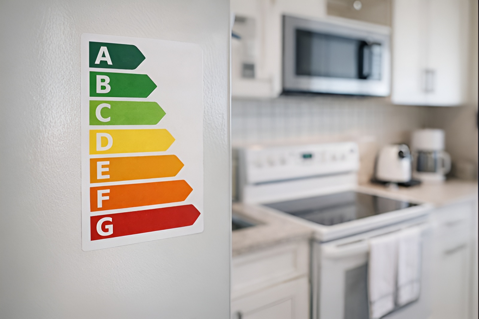 Etiqueta de eficiencia energética visible en un electrodoméstico del hogar, en el marco de la actualización del sistema de clasificación en Argentina