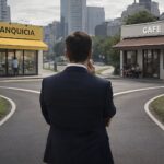 Emprendedor frente a dos caminos que representan la elección entre invertir en una franquicia o iniciar un negocio propio en Argentina en 2026