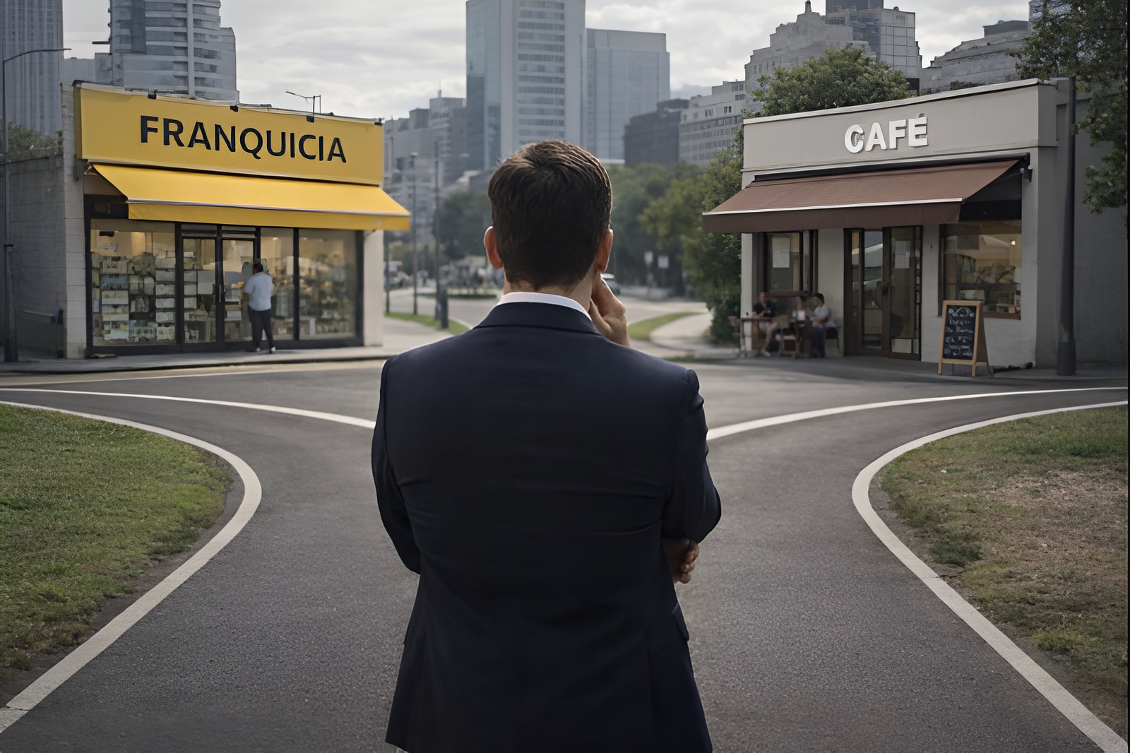 Emprendedor frente a dos caminos que representan la elección entre invertir en una franquicia o iniciar un negocio propio en Argentina en 2026
