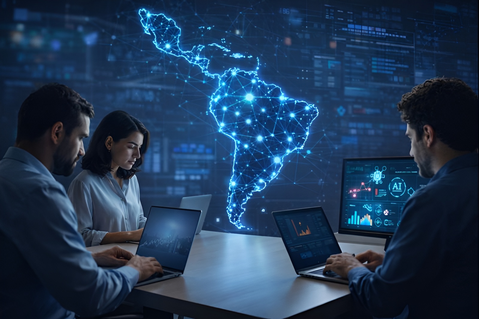Profesionales latinoamericanos trabajando con inteligencia artificial frente a un mapa digital de América Latina que representa el crecimiento del ecosistema regional de IA