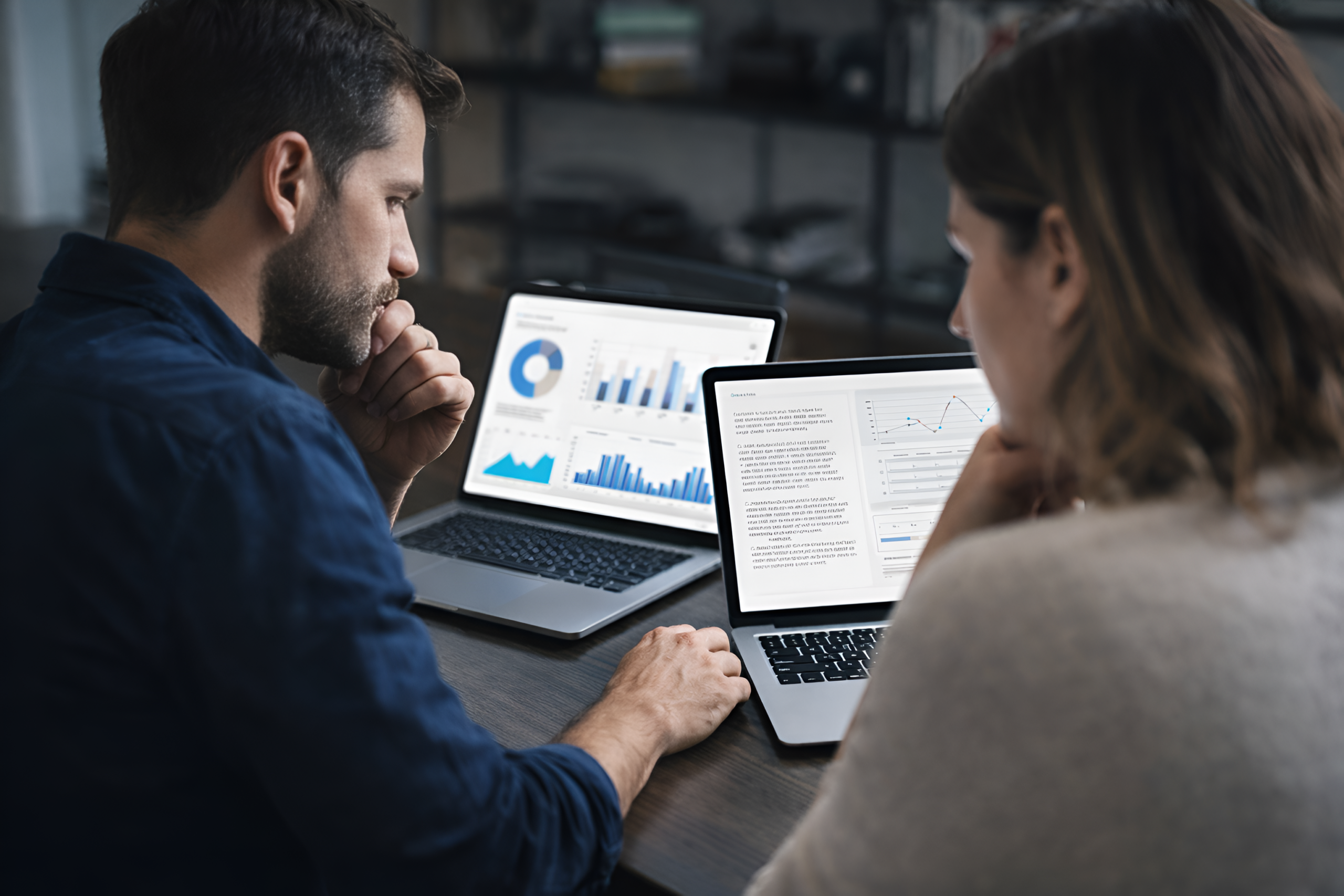 Dos profesionales trabajando con notebooks y gráficos de datos en un entorno laboral, representando un uso estratégico de la inteligencia artificial para comprender información y tomar decisiones