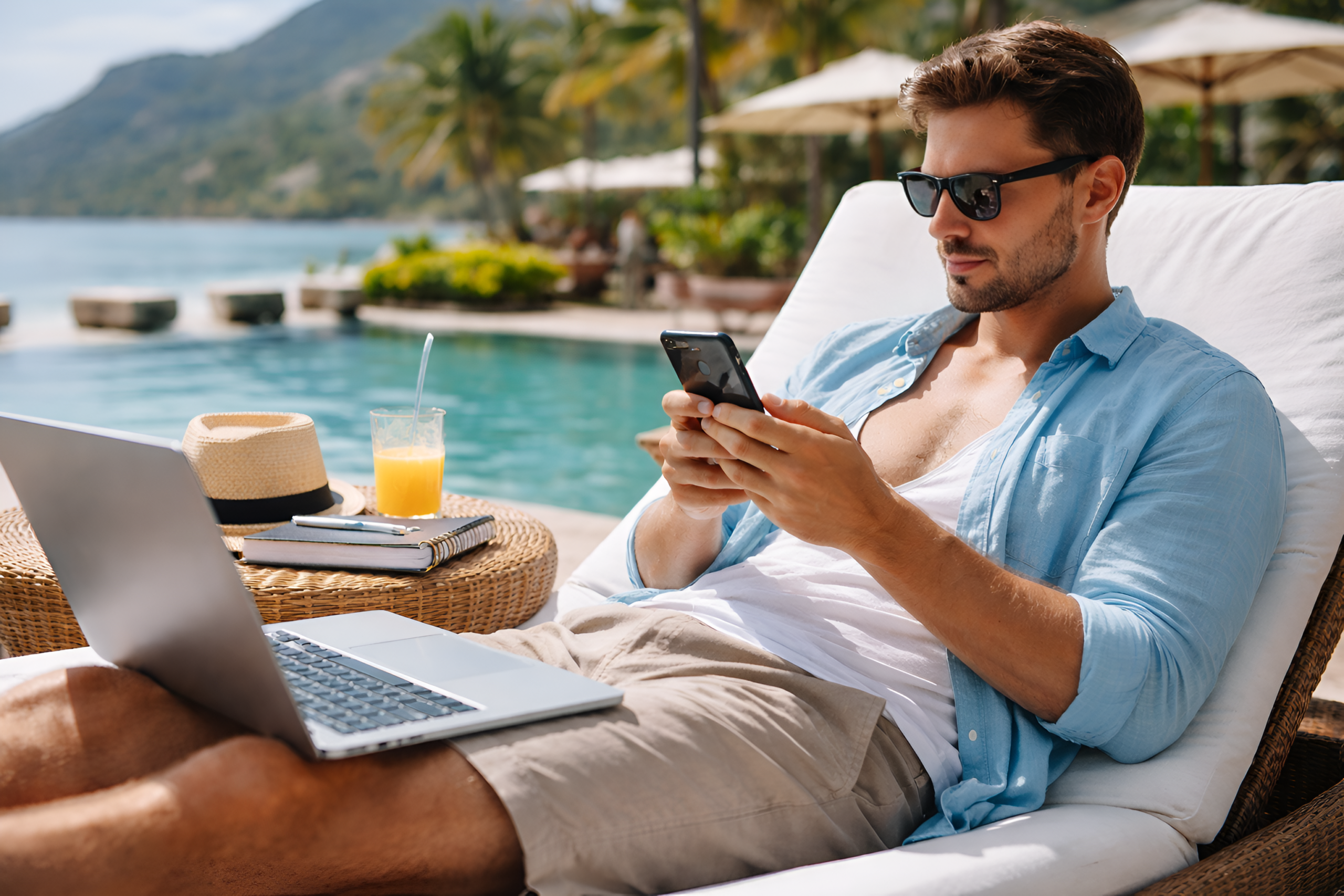 Hombre de vacaciones trabajando con el celular y una notebook junto a una piscina, reflejando la dificultad de desconectarse del trabajo durante el descanso