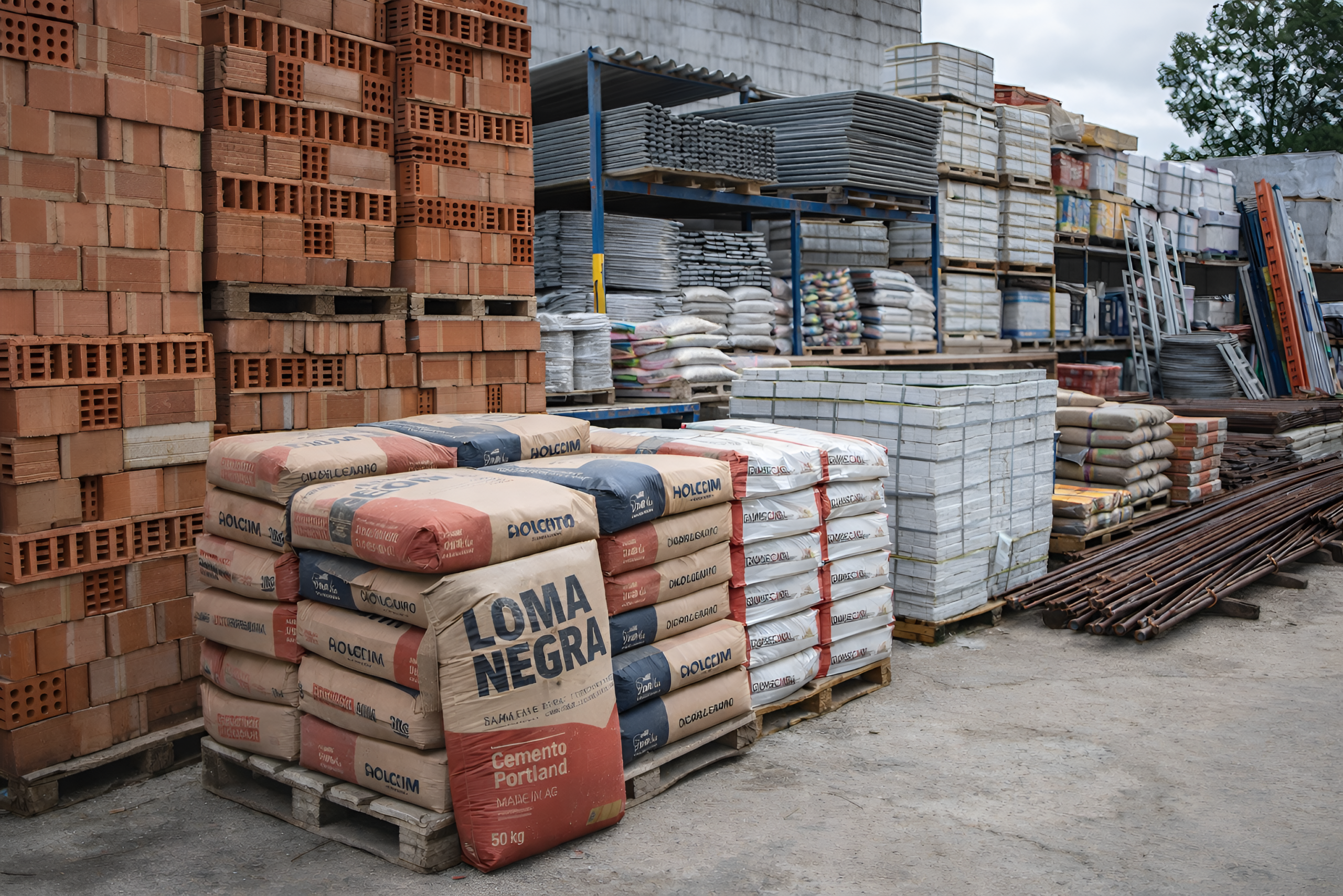 Depósito de materiales para la construcción con ladrillos cerámicos, bolsas de cemento y otros insumos, reflejando la evolución de la demanda del sector en Argentina a comienzos de 2026