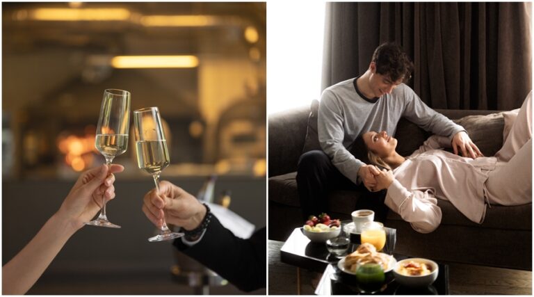 Pareja brindando con champagne y disfrutando una experiencia romántica en hotel de Turismo Doss por San Valentín en Buenos Aires y la Patagonia