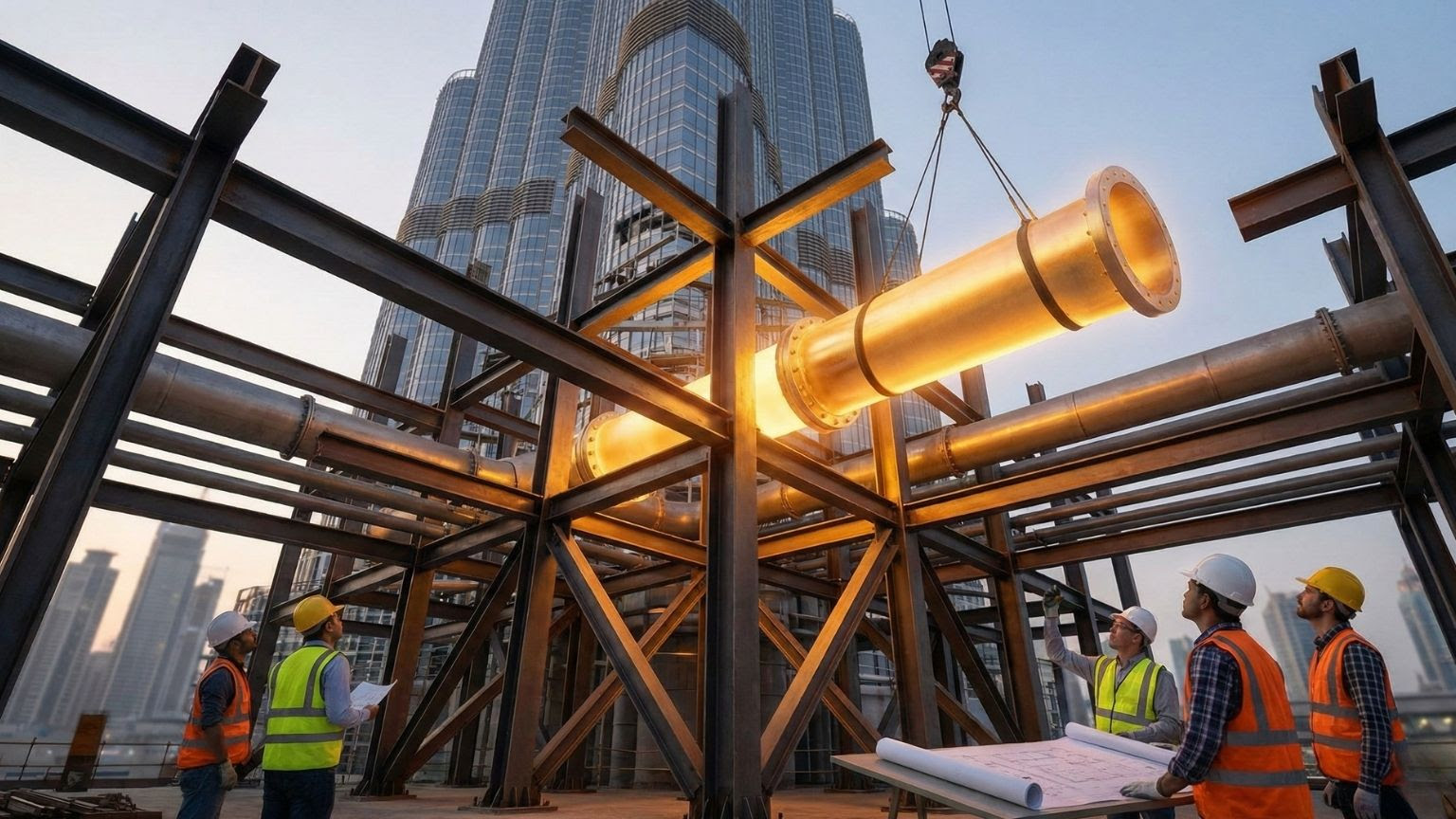 Instalación de caños estructurales de gran diámetro en una obra urbana, con ingenieros y operarios supervisando un proyecto de infraestructura de alta complejidad