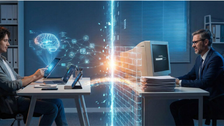 Contraste entre un trabajador usando inteligencia artificial en dispositivos digitales y una empresa con sistemas tradicionales, reflejando la brecha en la adopción de IA en las organizaciones