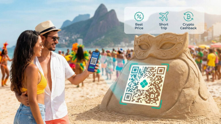 Pareja disfrutando del Carnaval en la playa mientras utiliza el celular para planificar viajes y pagos digitales, reflejando las nuevas tendencias turísticas en la temporada de Carnaval