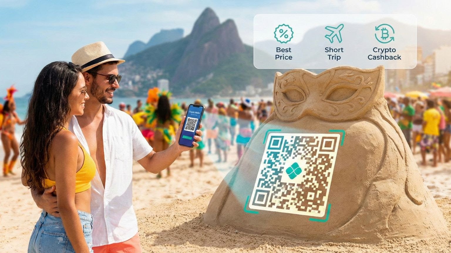 Pareja disfrutando del Carnaval en la playa mientras utiliza el celular para planificar viajes y pagos digitales, reflejando las nuevas tendencias turísticas en la temporada de Carnaval