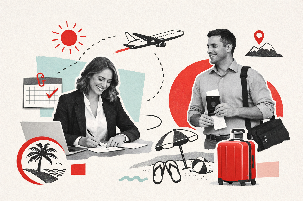 Hombre y mujer profesionales organizando trabajo remoto y viaje con valija y pasaporte, representando la combinación de empleo flexible y vacaciones