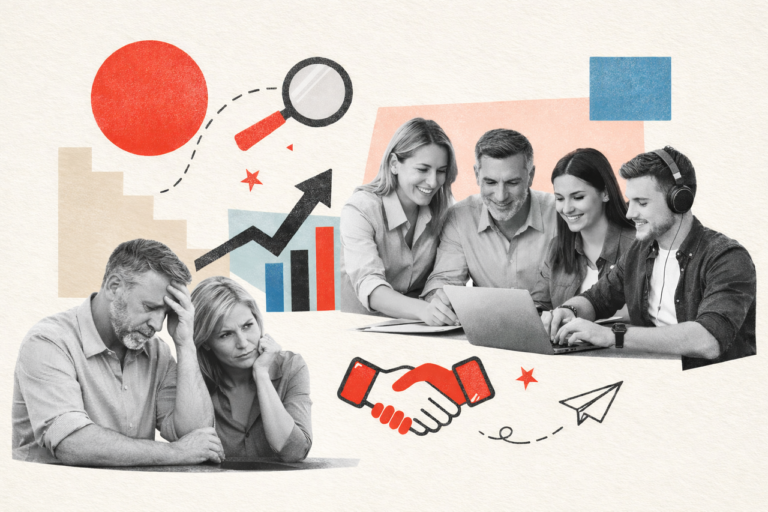 Personas de distintas edades trabajando juntas en un entorno colaborativo, representando la convivencia entre Baby Boomers, Generación X, Millennials, Generación Z y Generación Alfa en el ámbito laboral