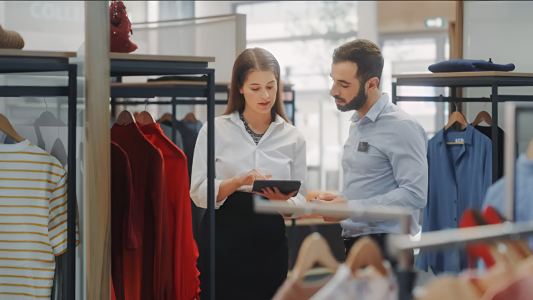 Personal de tienda de moda utilizando una tablet para gestionar ventas y stock en un entorno comercial moderno, reflejando la incorporación de tecnología en el retail