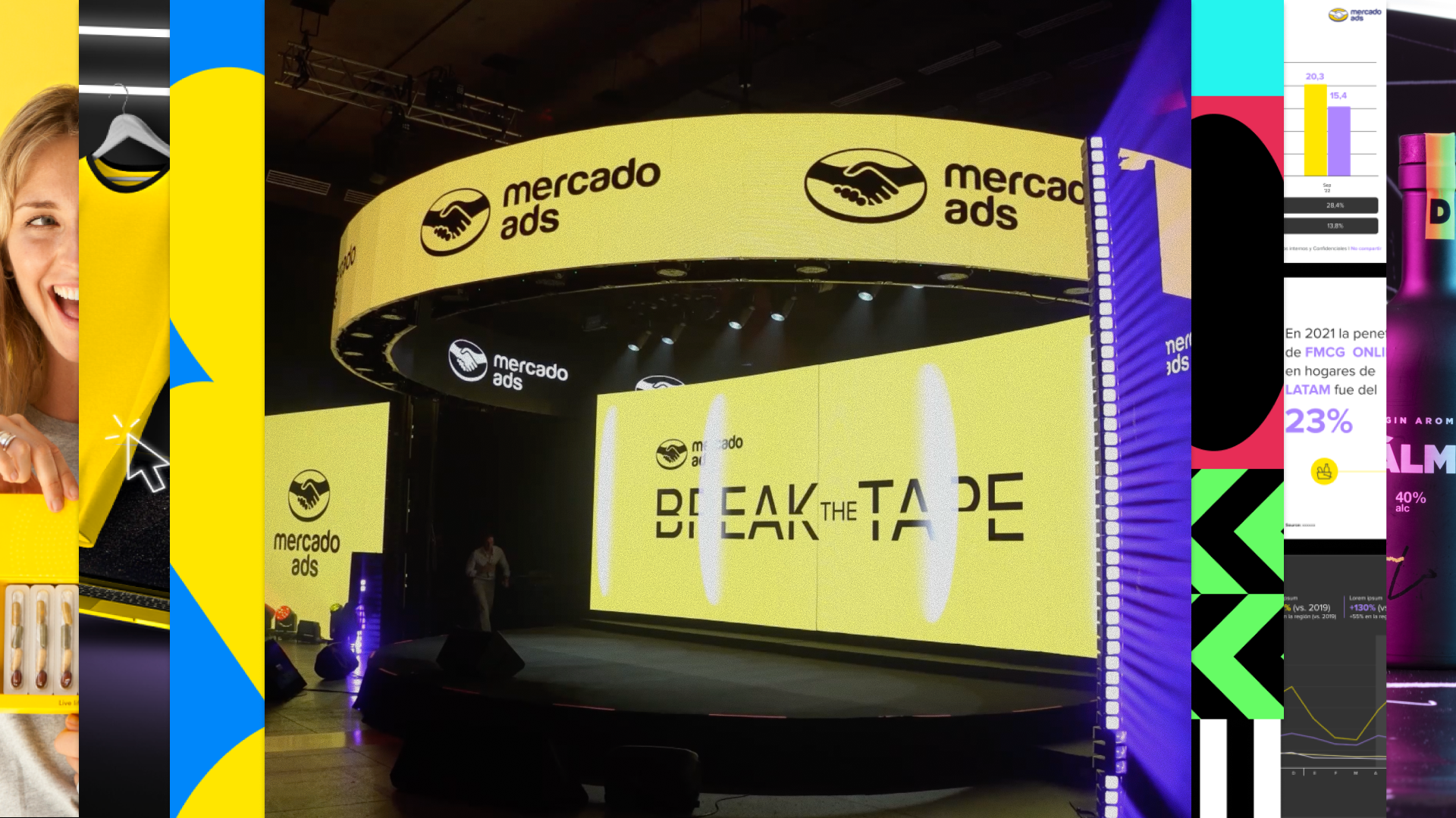 Escenario de evento corporativo de marketing con pantallas de Mercado Ads y presentación sobre tendencias y estrategia de marcas para 2026