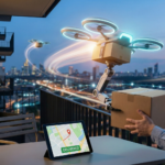 Entrega de paquete mediante dron en un balcón urbano al atardecer con ciudad iluminada de fondo y dispositivo mostrando mapa de entrega en tiempo real