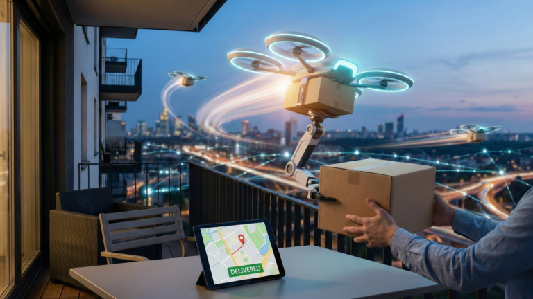 Entrega de paquete mediante dron en un balcón urbano al atardecer con ciudad iluminada de fondo y dispositivo mostrando mapa de entrega en tiempo real