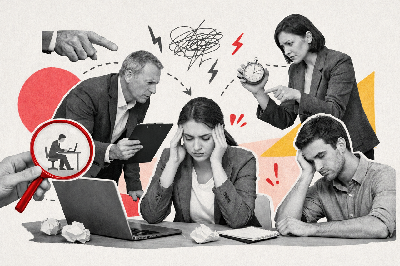 Empleados visiblemente estresados frente a una computadora mientras supervisores los observan y señalan en un entorno laboral tenso