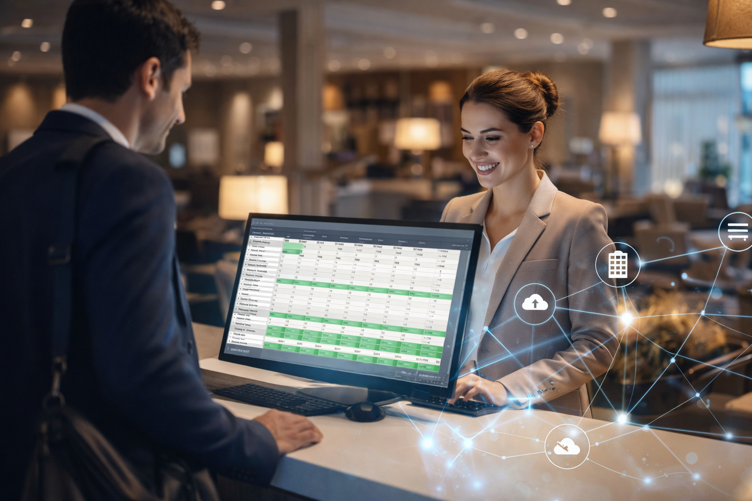 Recepción de hotel con personal atendiendo a un huésped frente a una computadora con sistema de gestión y elementos digitales superpuestos