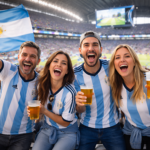 Grupo de hinchas argentinos con camisetas celeste y blanca celebrando en un estadio durante un partido del Mundial en Dallas