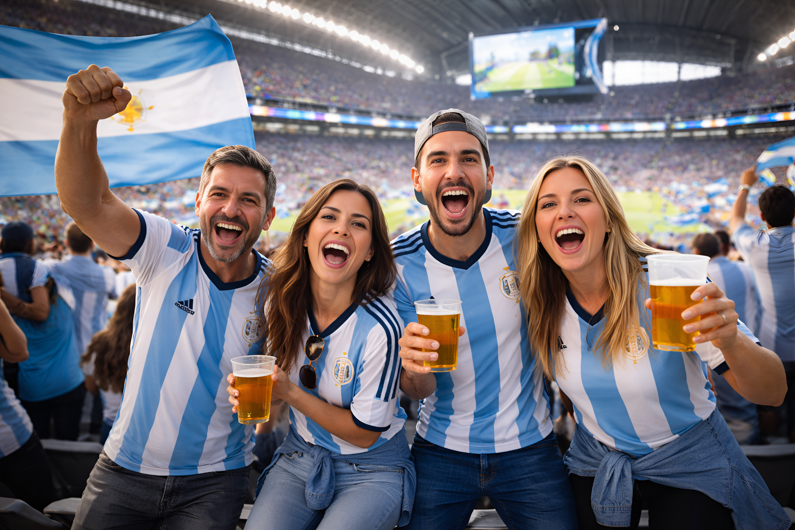 Grupo de hinchas argentinos con camisetas celeste y blanca celebrando en un estadio durante un partido del Mundial en Dallas