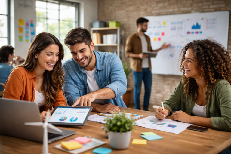Grupo de jóvenes emprendedores trabajando en equipo y analizando proyectos durante un concurso de innovación