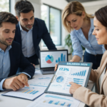 Equipo de profesionales analizando gráficos y datos sobre aumentos salariales proyectados para 2026 en una empresa