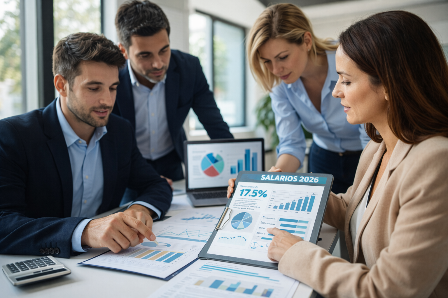 Equipo de profesionales analizando gráficos y datos sobre aumentos salariales proyectados para 2026 en una empresa