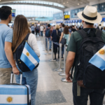 Viajeros argentinos en un aeropuerto con equipaje preparándose para viajar al exterior durante Semana Santa 2026