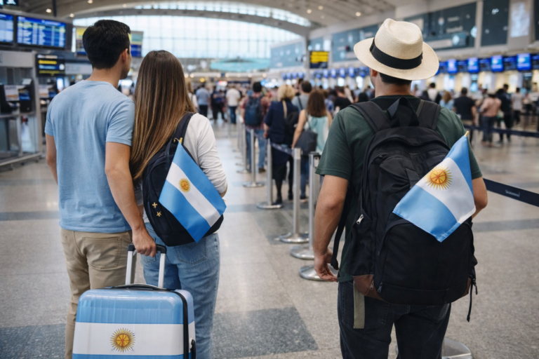 Viajeros argentinos en un aeropuerto con equipaje preparándose para viajar al exterior durante Semana Santa 2026