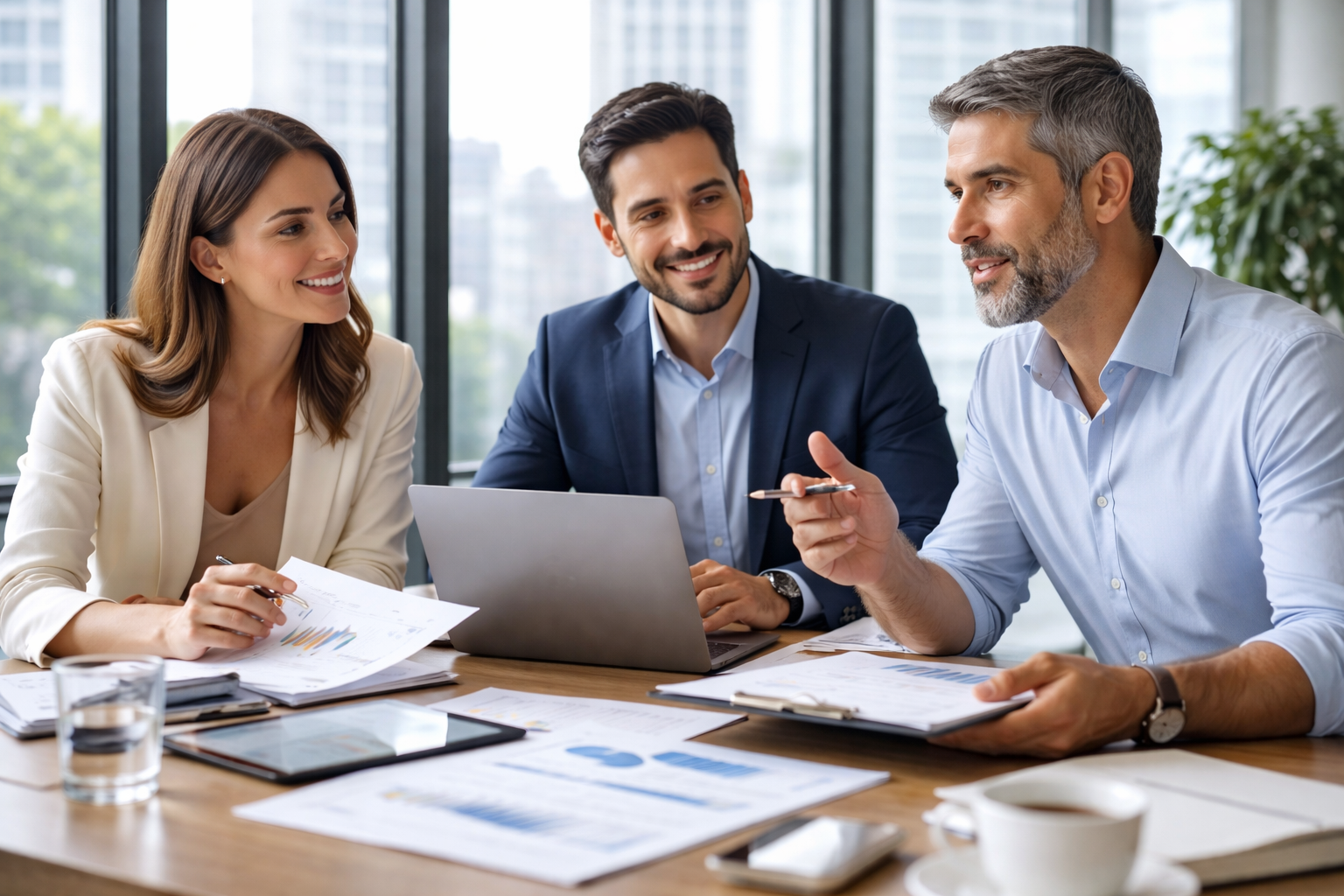 Equipo de profesionales reunidos evaluando datos y estrategias en una oficina moderna