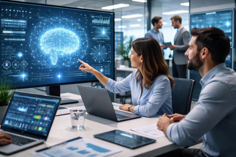Equipo profesional analizando datos con inteligencia artificial en una oficina moderna con pantallas digitales