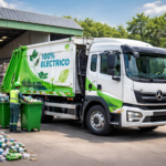 Camión eléctrico Dongfeng en planta de reciclaje con operarios trabajando en la gestión ambiental de residuos