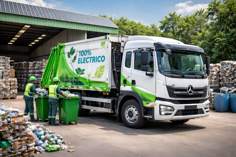 Camión eléctrico Dongfeng en planta de reciclaje con operarios trabajando en la gestión ambiental de residuos