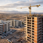 Edificios residenciales en construcción en la zona de Vaca Muerta con paisaje patagónico y grúa en obra