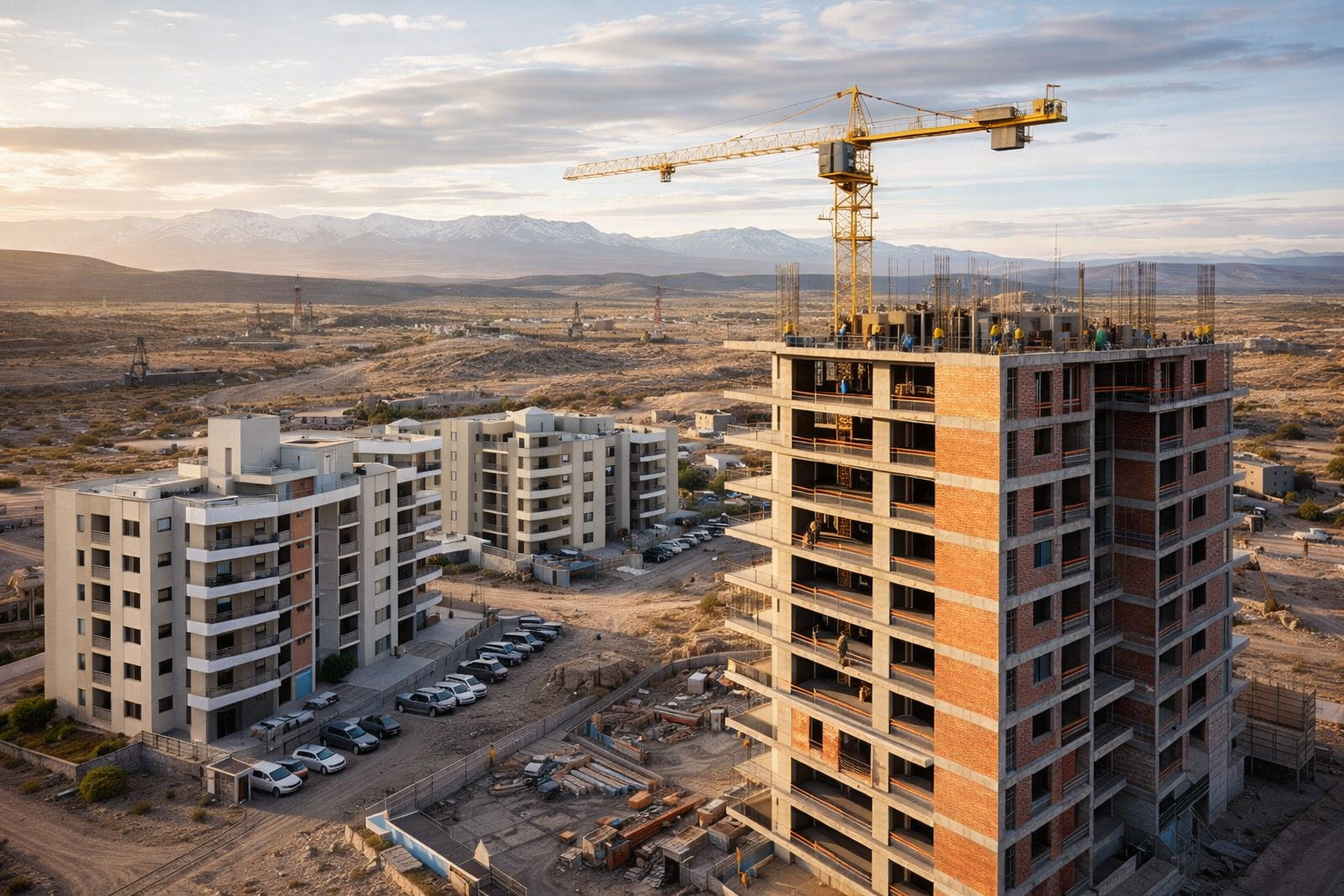 Edificios residenciales en construcción en la zona de Vaca Muerta con paisaje patagónico y grúa en obra