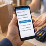 Persona realizando un pago en cuotas desde su celular mediante transferencia inmediata en un comercio con terminal de pago sobre el mostrador