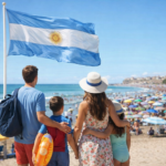 Familia argentina observando una playa colmada de turistas durante la temporada de verano bajo la bandera nacional