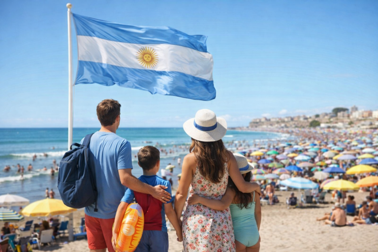 Familia argentina observando una playa colmada de turistas durante la temporada de verano bajo la bandera nacional