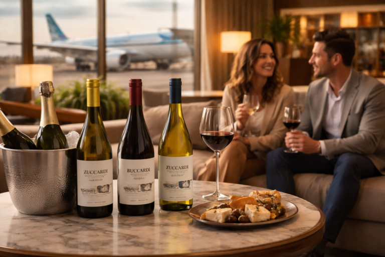 Salón VIP de aeropuerto con pareja disfrutando vino argentino frente a la pista con un avión al fondo y botellas de vino sobre una mesa elegante