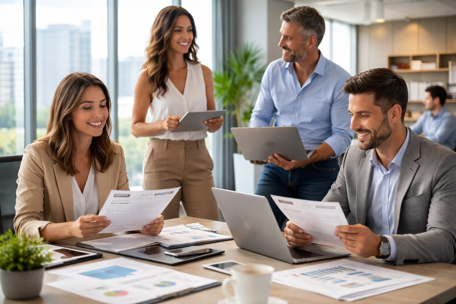 Equipo de profesionales en oficina moderna analizando currículums y trabajando con laptops en una reunión de selección de personal