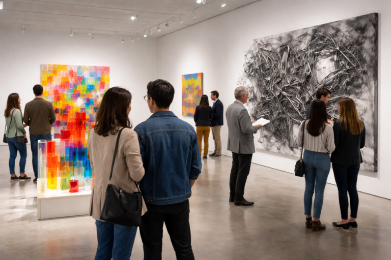 Inauguración en galería de arte contemporáneo con público recorriendo obras abstractas en un espacio moderno y luminoso