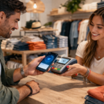 Cliente realiza un pago contactless con celular en un local de ropa mientras una vendedora sostiene un posnet en un entorno moderno y cálido