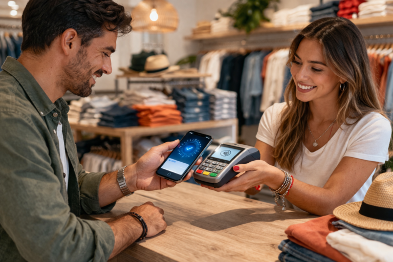 Cliente realiza un pago contactless con celular en un local de ropa mientras una vendedora sostiene un posnet en un entorno moderno y cálido