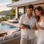 Pareja en una casa de lujo con vista al mar revisando una propiedad en tablet junto a una piscina en un entorno exclusivo